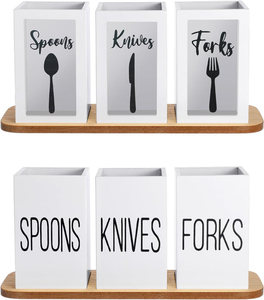 Acrylic Silverware Cutlery Holder Flatware Caddy Utensil Holder with Wood Tray Spoon Fork Knives Flatware Dispenser for Kitchen Table Countertop Silverware Storage Organizer(White)