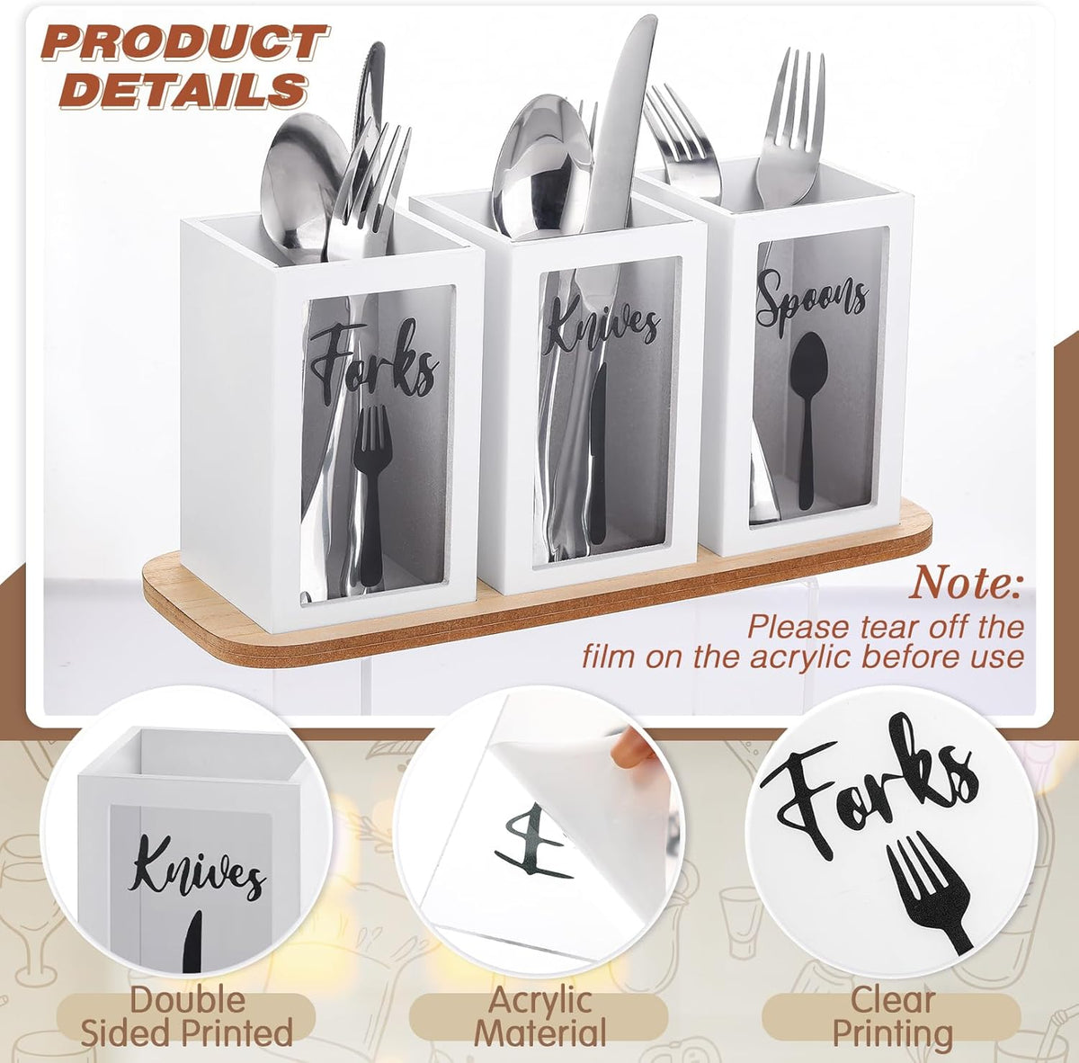 Acrylic Silverware Cutlery Holder Flatware Caddy Utensil Holder with Wood Tray Spoon Fork Knives Flatware Dispenser for Kitchen Table Countertop Silverware Storage Organizer(White)