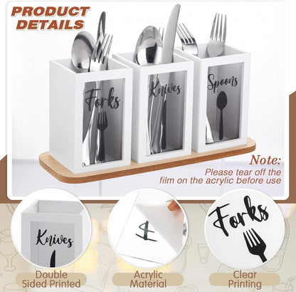 Acrylic Silverware Cutlery Holder Flatware Caddy Utensil Holder with Wood Tray Spoon Fork Knives Flatware Dispenser for Kitchen Table Countertop Silverware Storage Organizer(White)