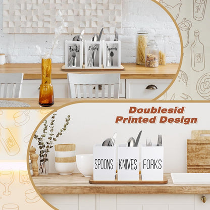 Acrylic Silverware Cutlery Holder Flatware Caddy Utensil Holder with Wood Tray Spoon Fork Knives Flatware Dispenser for Kitchen Table Countertop Silverware Storage Organizer(White)