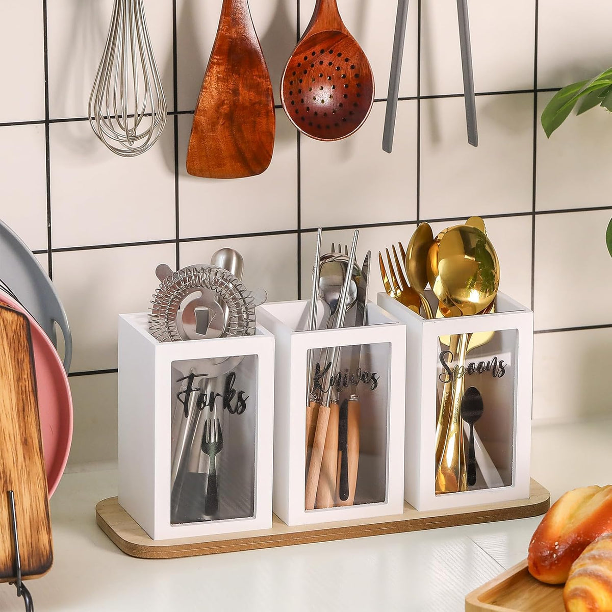 Acrylic Silverware Cutlery Holder Flatware Caddy Utensil Holder with Wood Tray Spoon Fork Knives Flatware Dispenser for Kitchen Table Countertop Silverware Storage Organizer(White)