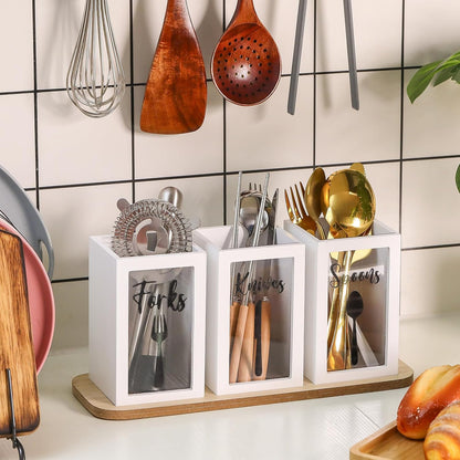 Acrylic Silverware Cutlery Holder Flatware Caddy Utensil Holder with Wood Tray Spoon Fork Knives Flatware Dispenser for Kitchen Table Countertop Silverware Storage Organizer(White)