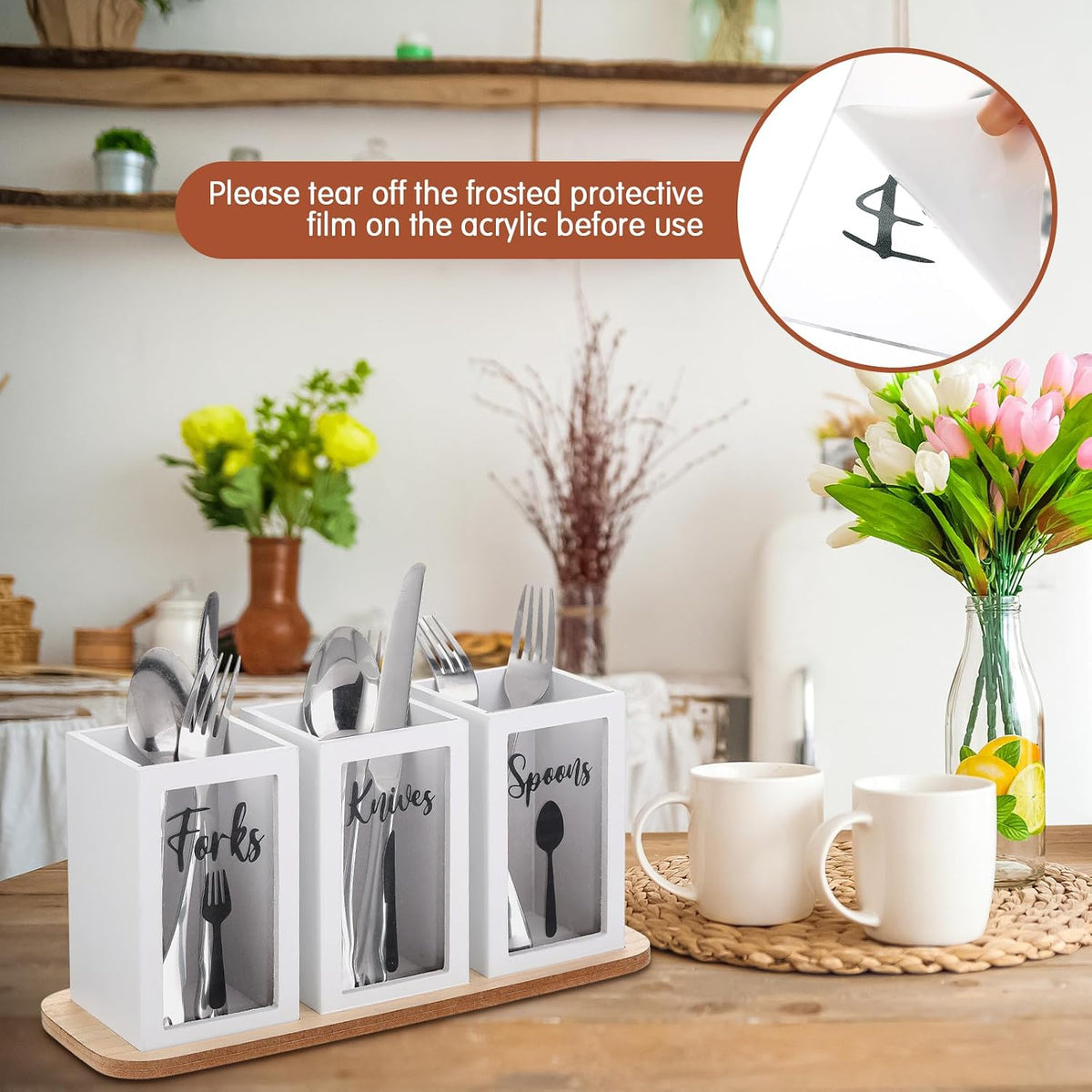 Acrylic Silverware Cutlery Holder Flatware Caddy Utensil Holder with Wood Tray Spoon Fork Knives Flatware Dispenser for Kitchen Table Countertop Silverware Storage Organizer(White)