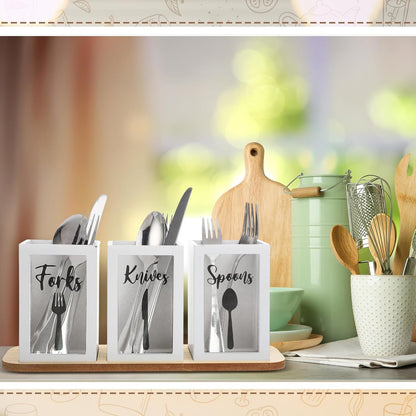 Acrylic Silverware Cutlery Holder Flatware Caddy Utensil Holder with Wood Tray Spoon Fork Knives Flatware Dispenser for Kitchen Table Countertop Silverware Storage Organizer(White)