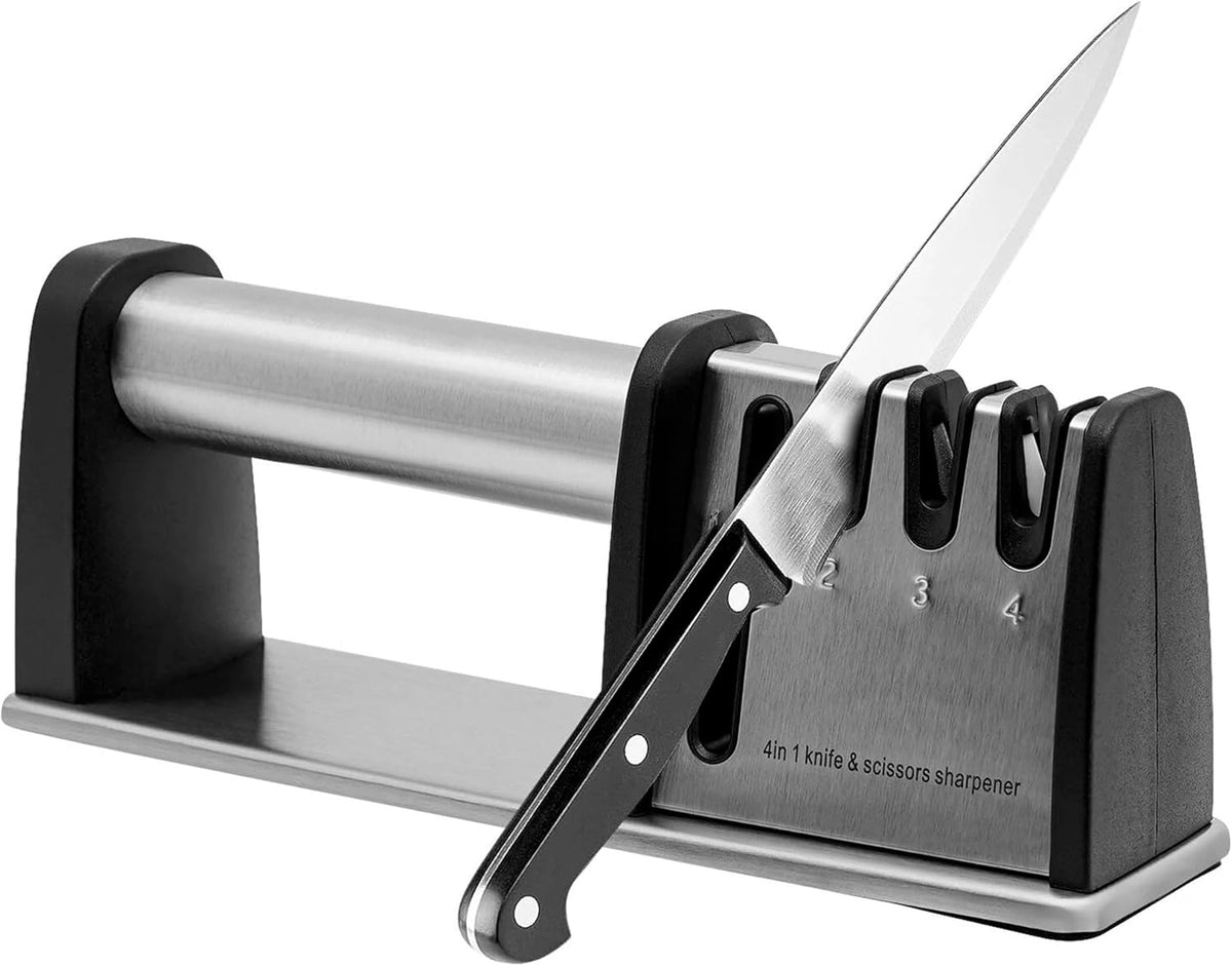 4-in-1 Knife & Scissors Sharpener, Manual, Stainless Steel with Ceramic Grit, Non-Slip Base, ABS Plastic