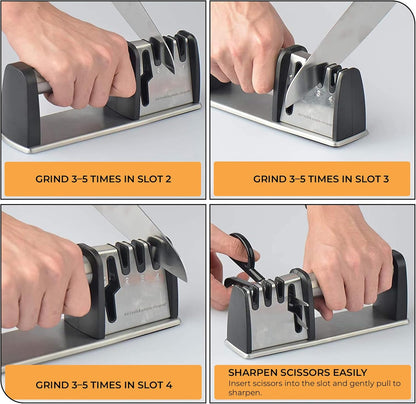 4-in-1 Knife & Scissors Sharpener, Manual, Stainless Steel with Ceramic Grit, Non-Slip Base, ABS Plastic
