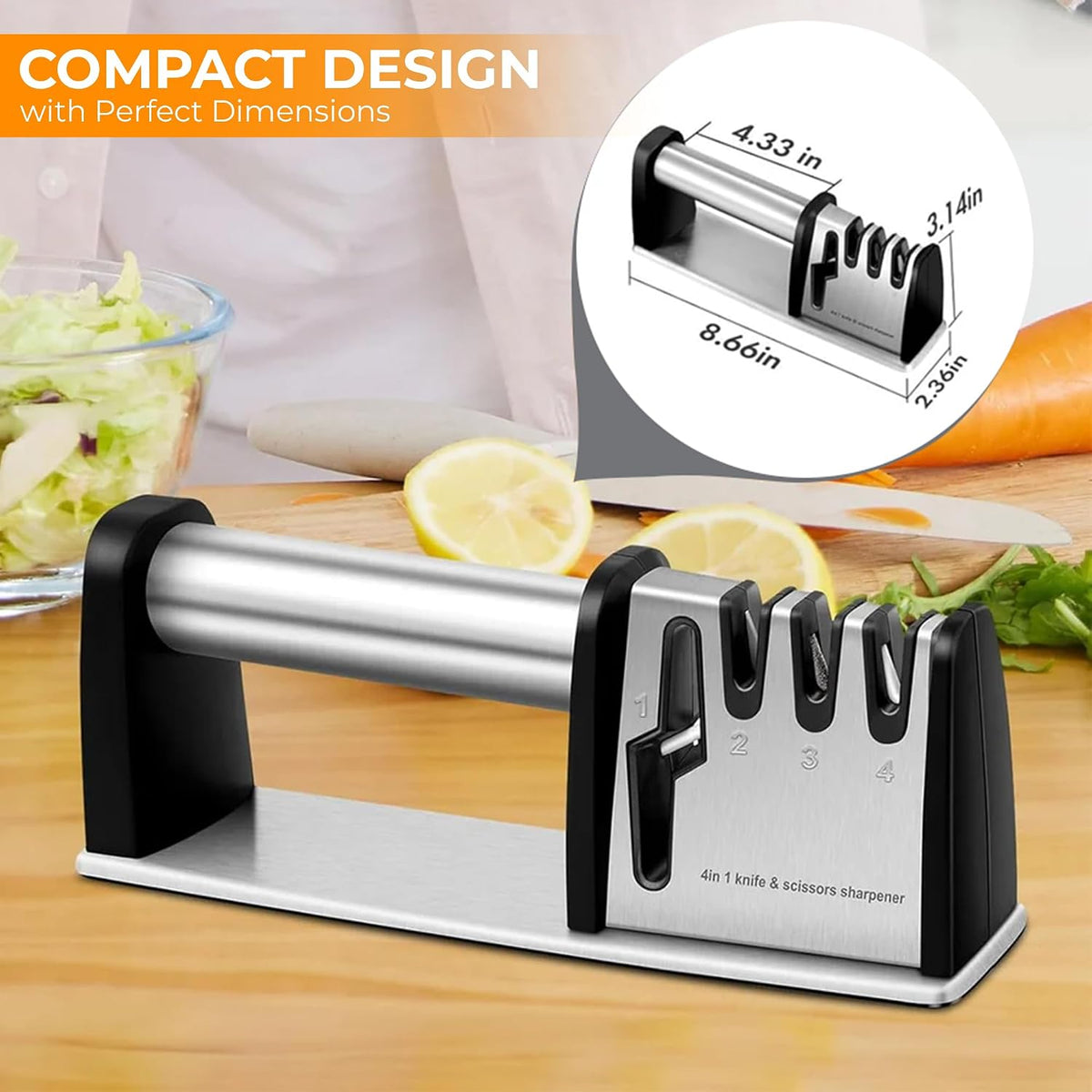 4-in-1 Knife & Scissors Sharpener, Manual, Stainless Steel with Ceramic Grit, Non-Slip Base, ABS Plastic