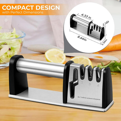 4-in-1 Knife & Scissors Sharpener, Manual, Stainless Steel with Ceramic Grit, Non-Slip Base, ABS Plastic