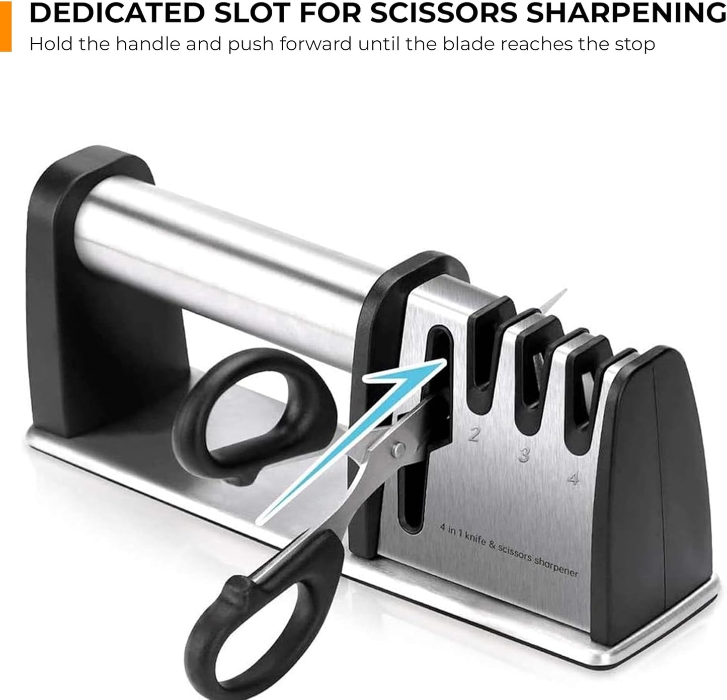 4-in-1 Knife & Scissors Sharpener, Manual, Stainless Steel with Ceramic Grit, Non-Slip Base, ABS Plastic