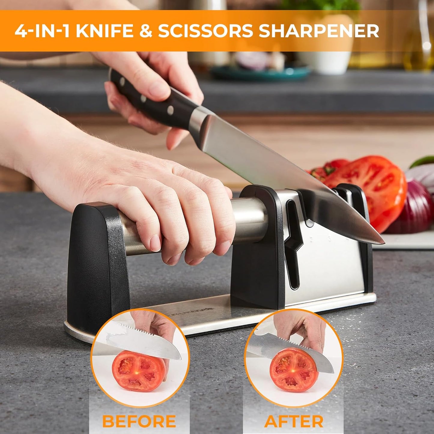 4-in-1 Knife & Scissors Sharpener, Manual, Stainless Steel with Ceramic Grit, Non-Slip Base, ABS Plastic