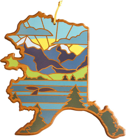 North Carolina State Shaped Cutting Board, Summer Stokes Art | State charcuterie board with colorful hand-drawn landscape art. Smooth reverse side for food prep. Hang tie for wall display. - Colors B