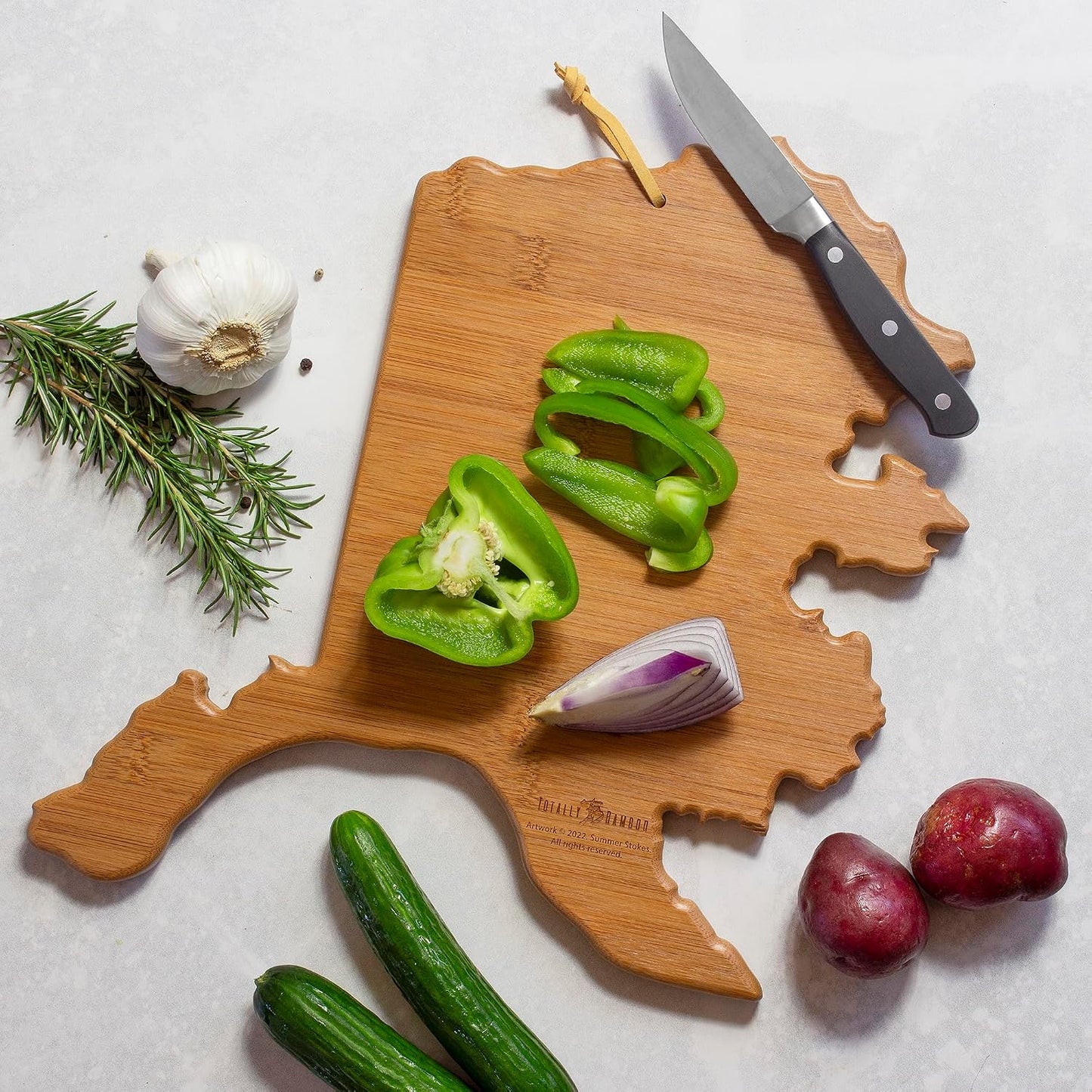 North Carolina State Shaped Cutting Board, Summer Stokes Art | State charcuterie board with colorful hand-drawn landscape art. Smooth reverse side for food prep. Hang tie for wall display. - Colors B