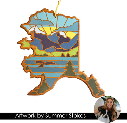 North Carolina State Shaped Cutting Board, Summer Stokes Art | State charcuterie board with colorful hand-drawn landscape art. Smooth reverse side for food prep. Hang tie for wall display. - Colors B