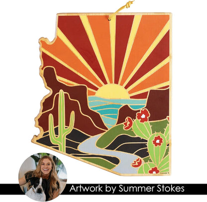 North Carolina State Shaped Cutting Board, Summer Stokes Art | State charcuterie board with colorful hand-drawn landscape art. Smooth reverse side for food prep. Hang tie for wall display. - Colors B