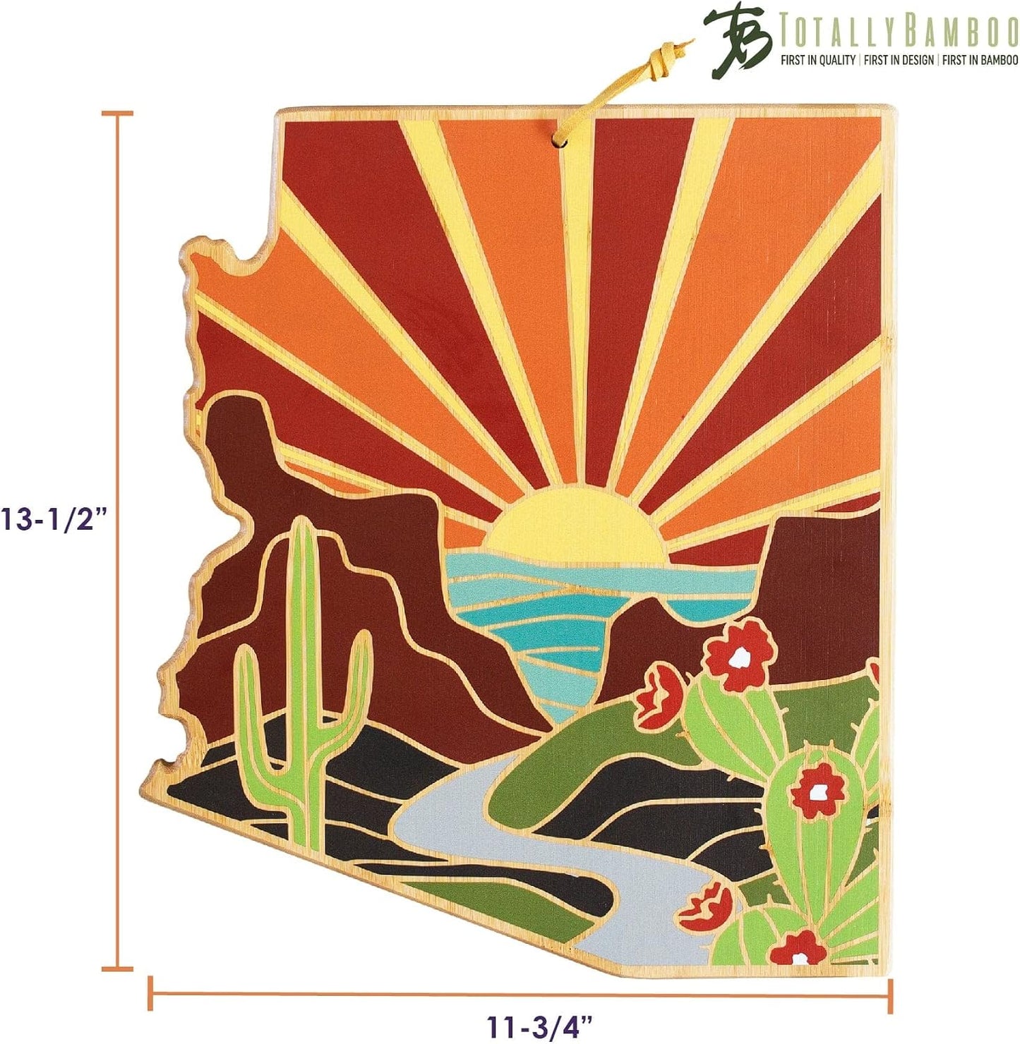 North Carolina State Shaped Cutting Board, Summer Stokes Art | State charcuterie board with colorful hand-drawn landscape art. Smooth reverse side for food prep. Hang tie for wall display. - Colors B