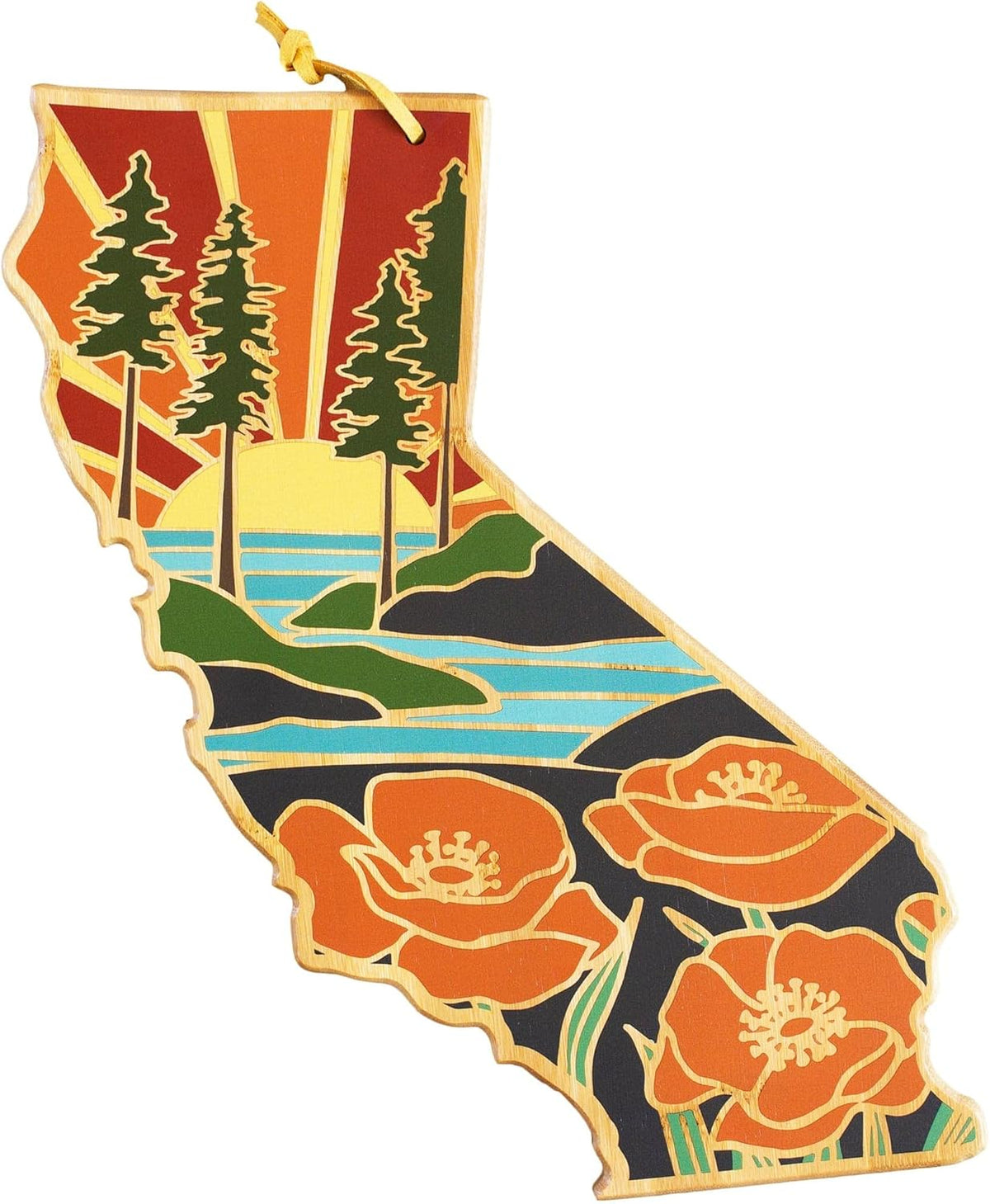North Carolina State Shaped Cutting Board, Summer Stokes Art | State charcuterie board with colorful hand-drawn landscape art. Smooth reverse side for food prep. Hang tie for wall display. - Colors B