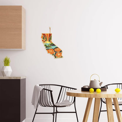 North Carolina State Shaped Cutting Board, Summer Stokes Art | State charcuterie board with colorful hand-drawn landscape art. Smooth reverse side for food prep. Hang tie for wall display. - Colors B