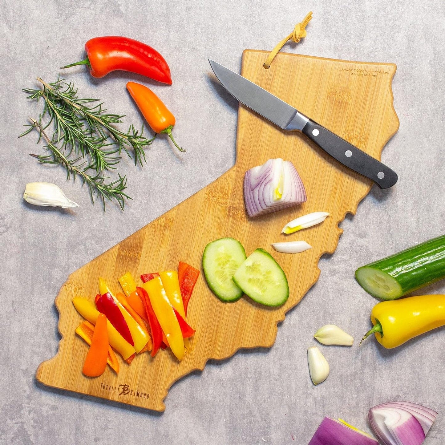 North Carolina State Shaped Cutting Board, Summer Stokes Art | State charcuterie board with colorful hand-drawn landscape art. Smooth reverse side for food prep. Hang tie for wall display. - Colors B
