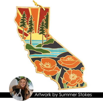 North Carolina State Shaped Cutting Board, Summer Stokes Art | State charcuterie board with colorful hand-drawn landscape art. Smooth reverse side for food prep. Hang tie for wall display. - Colors B