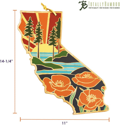 North Carolina State Shaped Cutting Board, Summer Stokes Art | State charcuterie board with colorful hand-drawn landscape art. Smooth reverse side for food prep. Hang tie for wall display. - Colors B