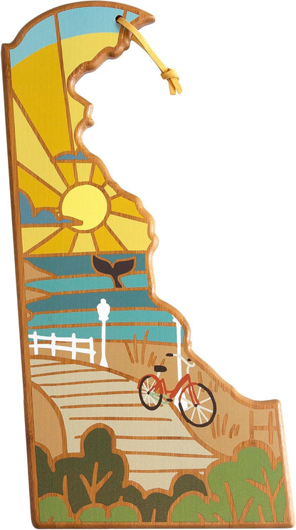 North Carolina State Shaped Cutting Board, Summer Stokes Art | State charcuterie board with colorful hand-drawn landscape art. Smooth reverse side for food prep. Hang tie for wall display. - Colors B