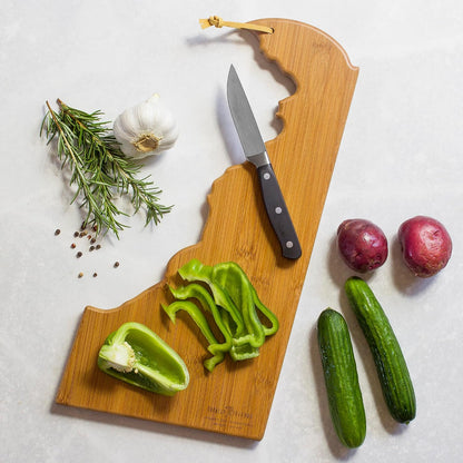 North Carolina State Shaped Cutting Board, Summer Stokes Art | State charcuterie board with colorful hand-drawn landscape art. Smooth reverse side for food prep. Hang tie for wall display. - Colors B