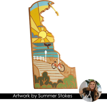 North Carolina State Shaped Cutting Board, Summer Stokes Art | State charcuterie board with colorful hand-drawn landscape art. Smooth reverse side for food prep. Hang tie for wall display. - Colors B