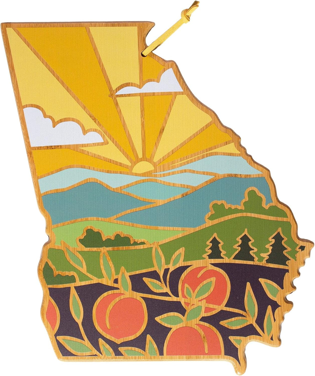 North Carolina State Shaped Cutting Board, Summer Stokes Art | State charcuterie board with colorful hand-drawn landscape art. Smooth reverse side for food prep. Hang tie for wall display. - Colors B
