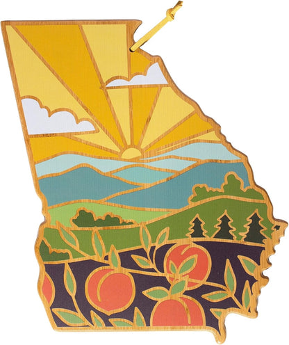 North Carolina State Shaped Cutting Board, Summer Stokes Art | State charcuterie board with colorful hand-drawn landscape art. Smooth reverse side for food prep. Hang tie for wall display. - Colors B