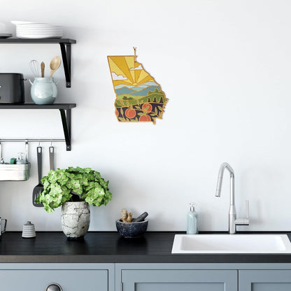 North Carolina State Shaped Cutting Board, Summer Stokes Art | State charcuterie board with colorful hand-drawn landscape art. Smooth reverse side for food prep. Hang tie for wall display. - Colors B