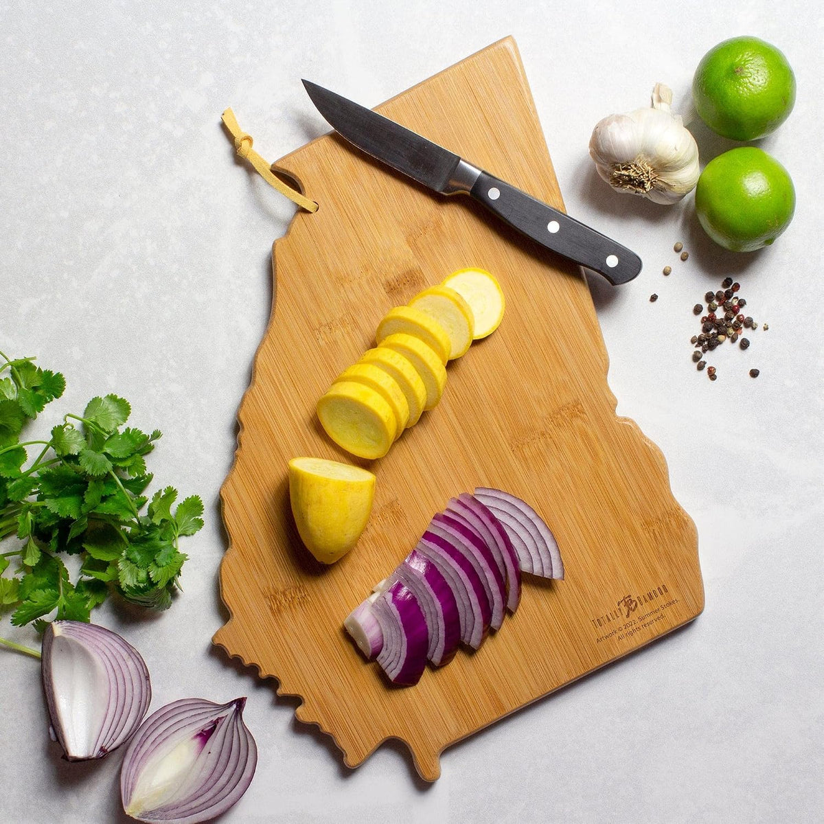 North Carolina State Shaped Cutting Board, Summer Stokes Art | State charcuterie board with colorful hand-drawn landscape art. Smooth reverse side for food prep. Hang tie for wall display. - Colors B