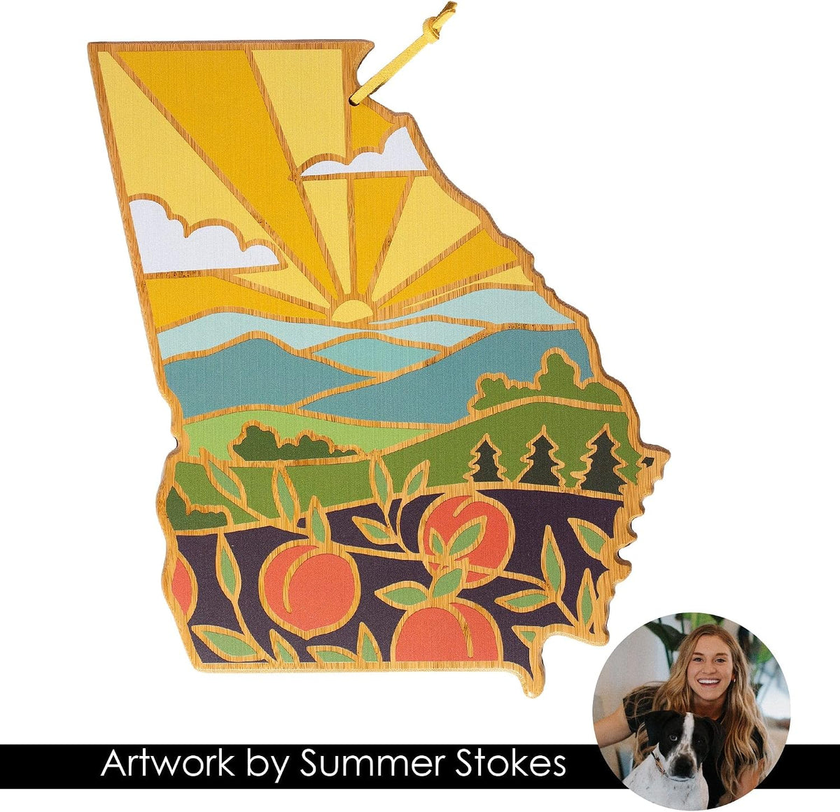 North Carolina State Shaped Cutting Board, Summer Stokes Art | State charcuterie board with colorful hand-drawn landscape art. Smooth reverse side for food prep. Hang tie for wall display. - Colors B
