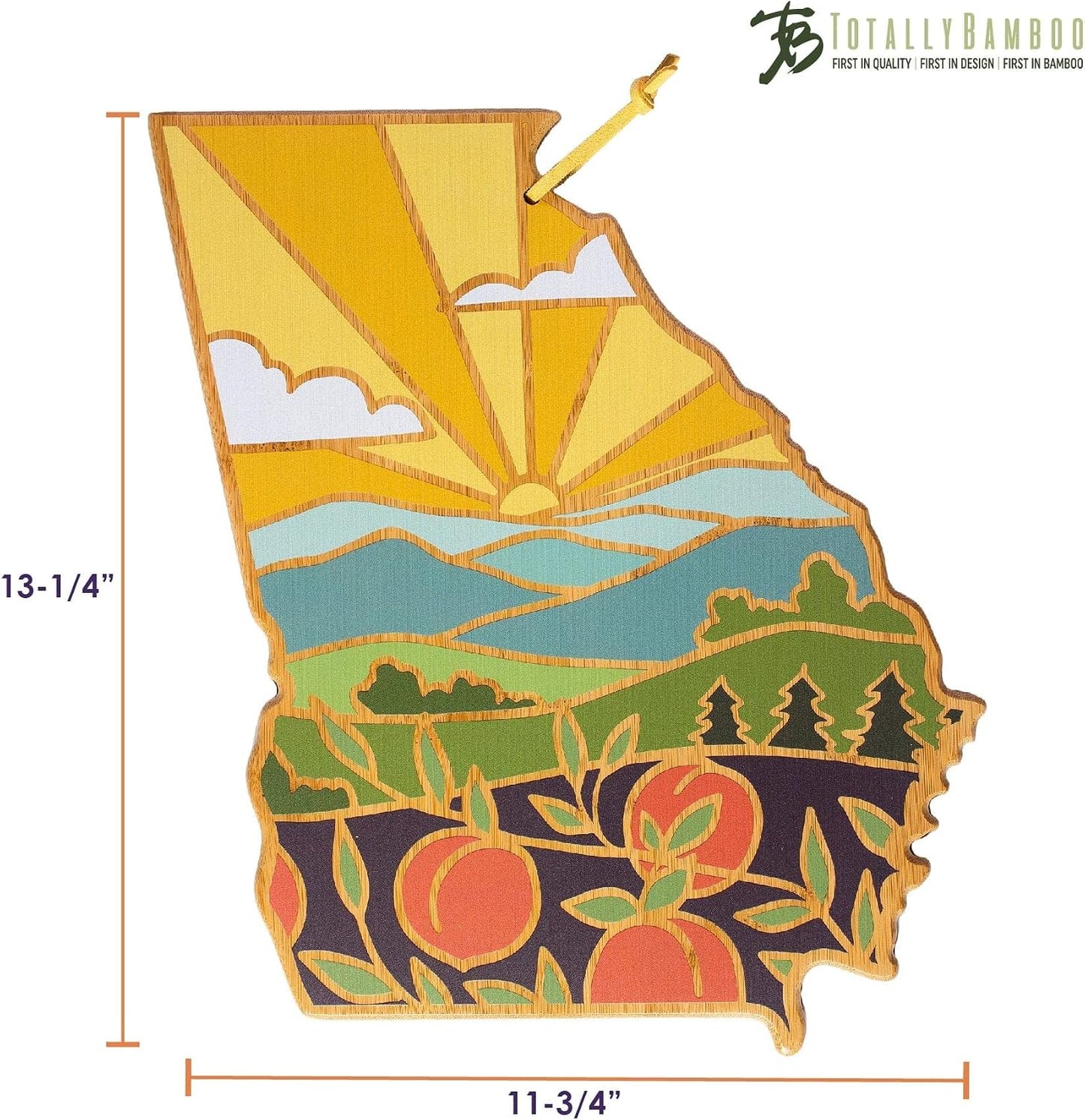 North Carolina State Shaped Cutting Board, Summer Stokes Art | State charcuterie board with colorful hand-drawn landscape art. Smooth reverse side for food prep. Hang tie for wall display. - Colors B