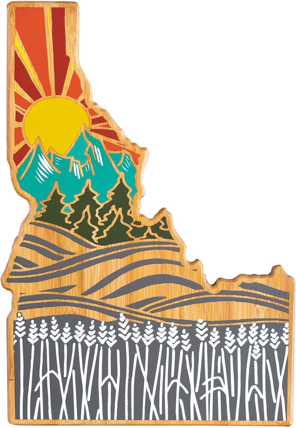 North Carolina State Shaped Cutting Board, Summer Stokes Art | State charcuterie board with colorful hand-drawn landscape art. Smooth reverse side for food prep. Hang tie for wall display. - Colors B