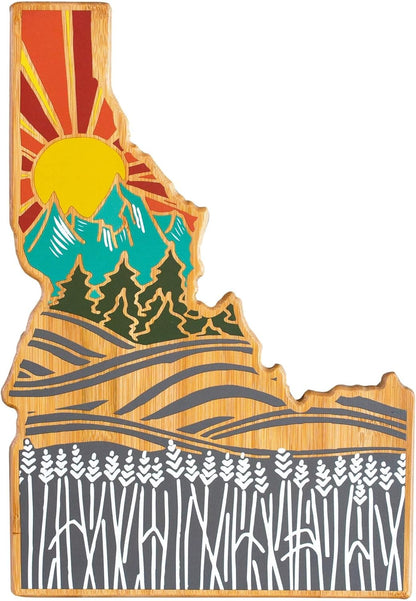 North Carolina State Shaped Cutting Board, Summer Stokes Art | State charcuterie board with colorful hand-drawn landscape art. Smooth reverse side for food prep. Hang tie for wall display. - Colors B
