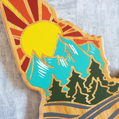 North Carolina State Shaped Cutting Board, Summer Stokes Art | State charcuterie board with colorful hand-drawn landscape art. Smooth reverse side for food prep. Hang tie for wall display. - Colors B