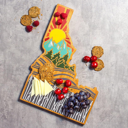 North Carolina State Shaped Cutting Board, Summer Stokes Art | State charcuterie board with colorful hand-drawn landscape art. Smooth reverse side for food prep. Hang tie for wall display. - Colors B