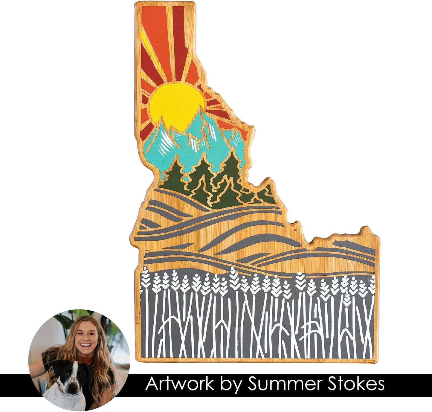 North Carolina State Shaped Cutting Board, Summer Stokes Art | State charcuterie board with colorful hand-drawn landscape art. Smooth reverse side for food prep. Hang tie for wall display. - Colors B