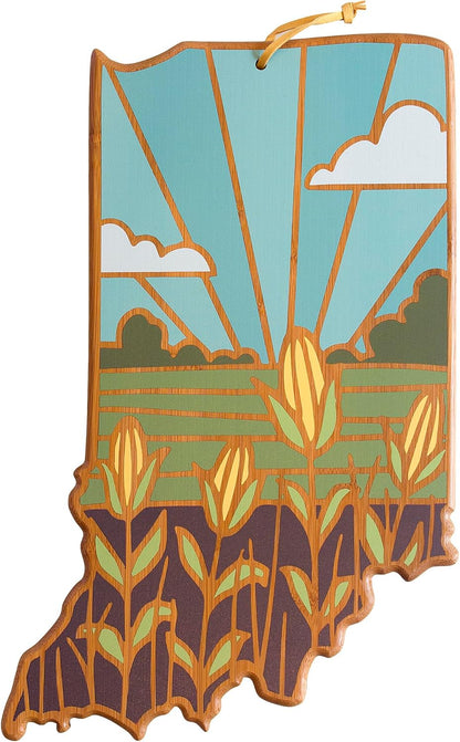 North Carolina State Shaped Cutting Board, Summer Stokes Art | State charcuterie board with colorful hand-drawn landscape art. Smooth reverse side for food prep. Hang tie for wall display. - Colors B