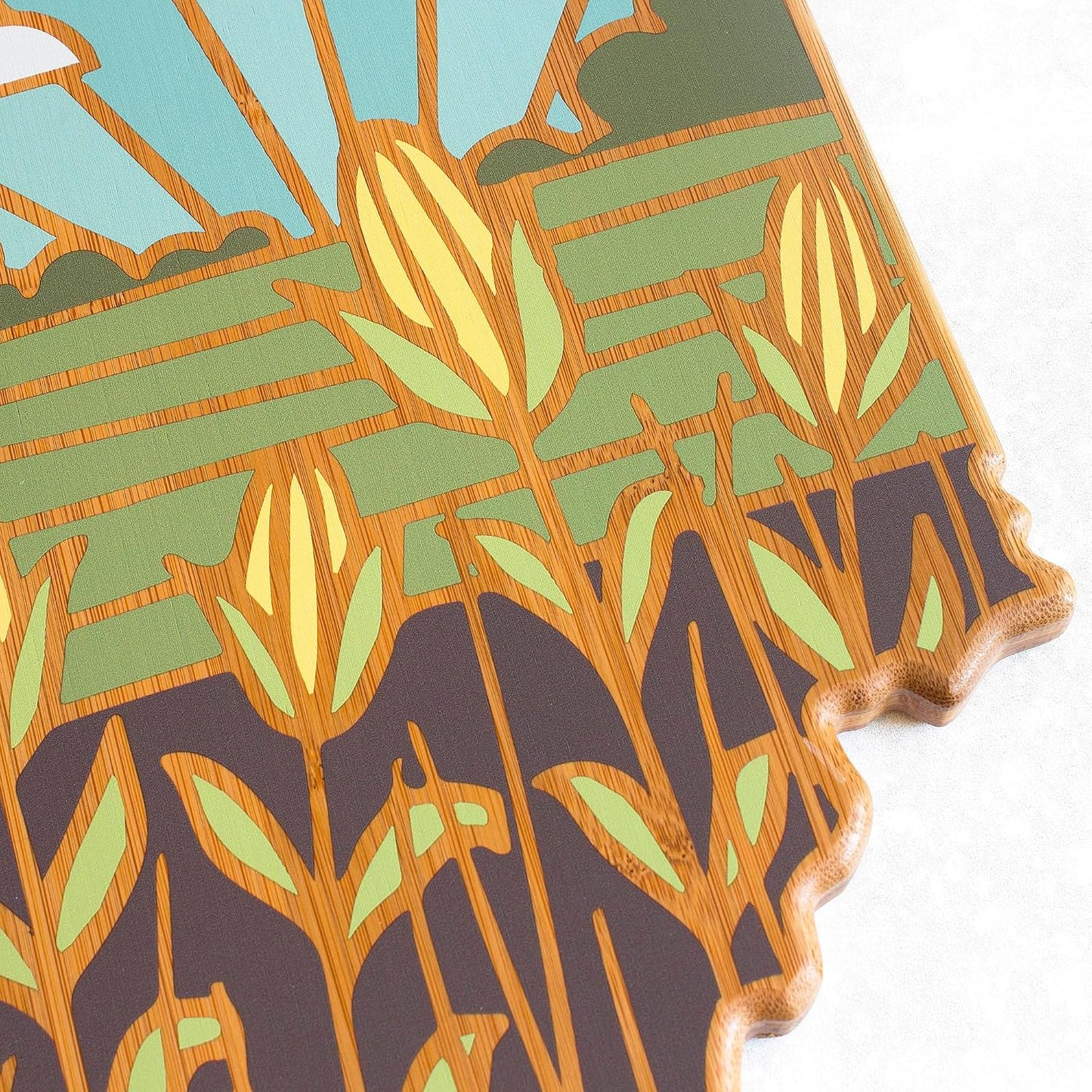 North Carolina State Shaped Cutting Board, Summer Stokes Art | State charcuterie board with colorful hand-drawn landscape art. Smooth reverse side for food prep. Hang tie for wall display. - Colors B
