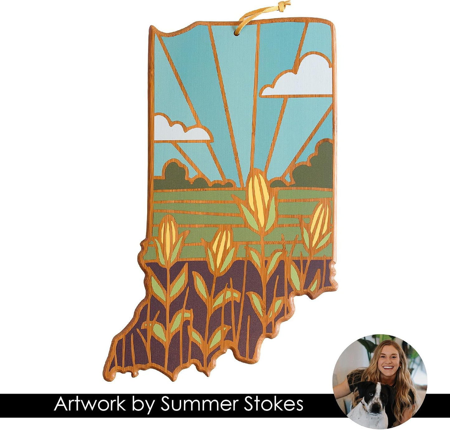 North Carolina State Shaped Cutting Board, Summer Stokes Art | State charcuterie board with colorful hand-drawn landscape art. Smooth reverse side for food prep. Hang tie for wall display. - Colors B