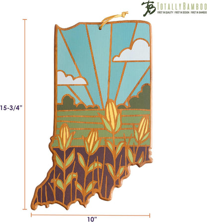 North Carolina State Shaped Cutting Board, Summer Stokes Art | State charcuterie board with colorful hand-drawn landscape art. Smooth reverse side for food prep. Hang tie for wall display. - Colors B