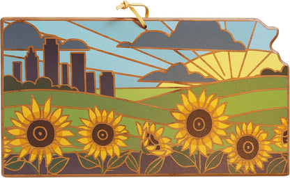 North Carolina State Shaped Cutting Board, Summer Stokes Art | State charcuterie board with colorful hand-drawn landscape art. Smooth reverse side for food prep. Hang tie for wall display. - Colors B