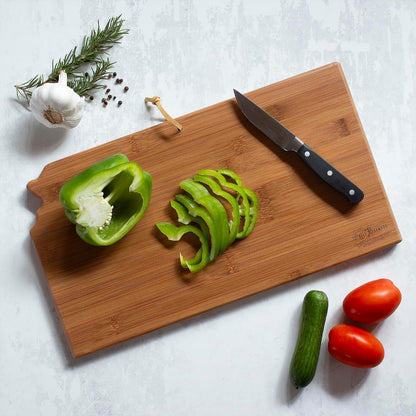 North Carolina State Shaped Cutting Board, Summer Stokes Art | State charcuterie board with colorful hand-drawn landscape art. Smooth reverse side for food prep. Hang tie for wall display. - Colors B