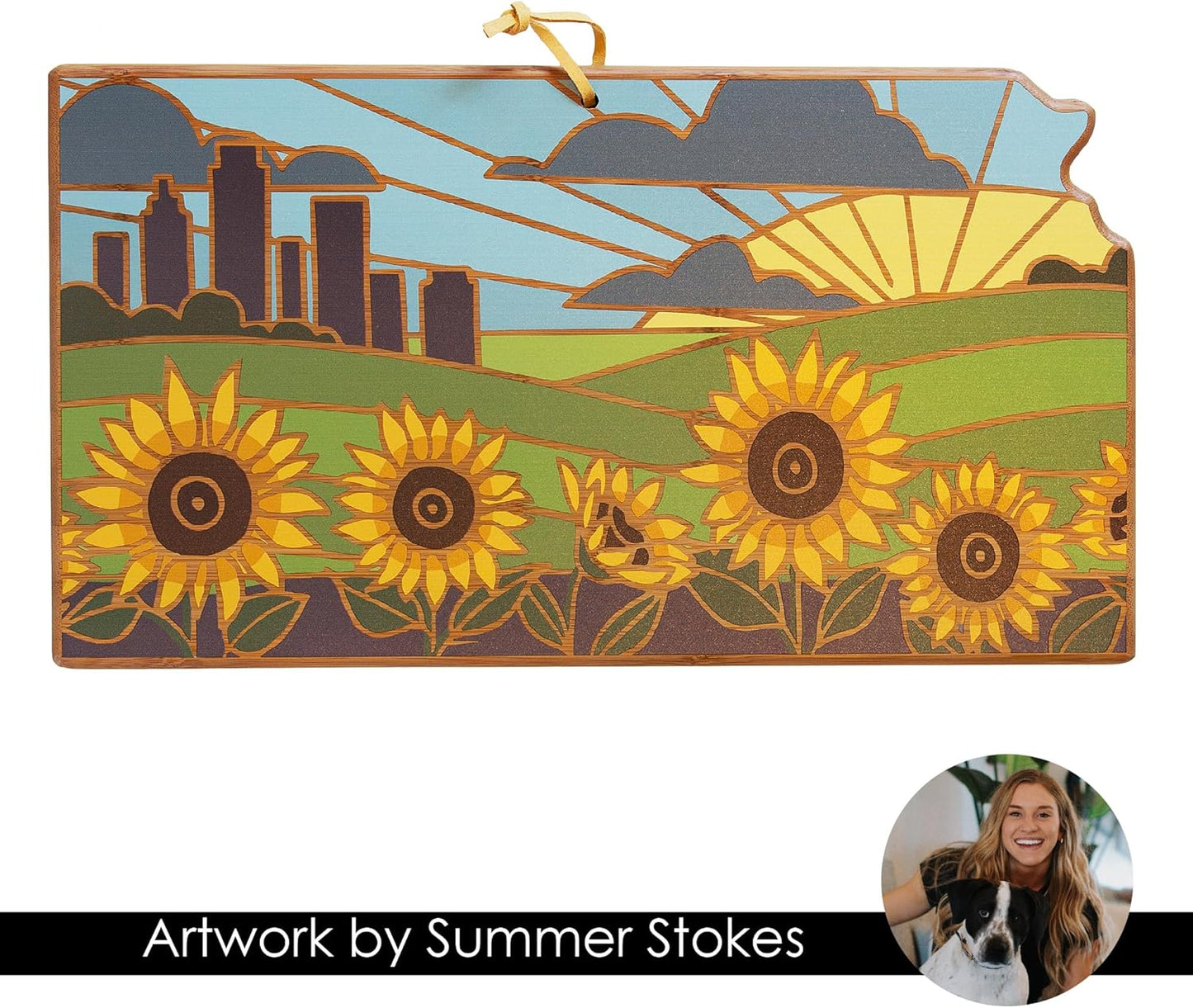 North Carolina State Shaped Cutting Board, Summer Stokes Art | State charcuterie board with colorful hand-drawn landscape art. Smooth reverse side for food prep. Hang tie for wall display. - Colors B