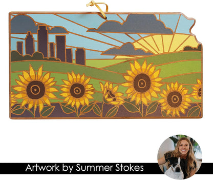North Carolina State Shaped Cutting Board, Summer Stokes Art | State charcuterie board with colorful hand-drawn landscape art. Smooth reverse side for food prep. Hang tie for wall display. - Colors B