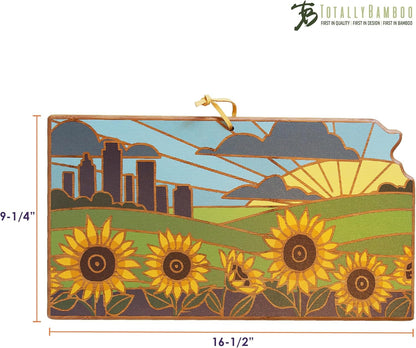 North Carolina State Shaped Cutting Board, Summer Stokes Art | State charcuterie board with colorful hand-drawn landscape art. Smooth reverse side for food prep. Hang tie for wall display. - Colors B