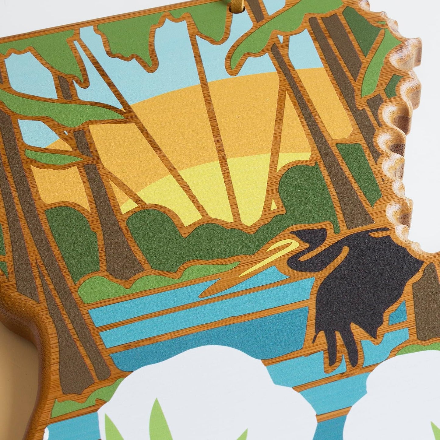 North Carolina State Shaped Cutting Board, Summer Stokes Art | State charcuterie board with colorful hand-drawn landscape art. Smooth reverse side for food prep. Hang tie for wall display. - Colors B