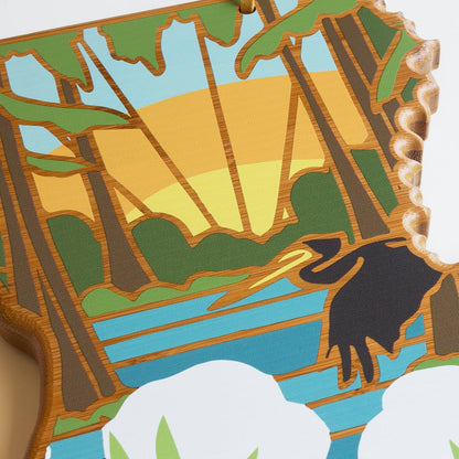 North Carolina State Shaped Cutting Board, Summer Stokes Art | State charcuterie board with colorful hand-drawn landscape art. Smooth reverse side for food prep. Hang tie for wall display. - Colors B