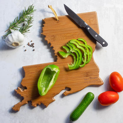 North Carolina State Shaped Cutting Board, Summer Stokes Art | State charcuterie board with colorful hand-drawn landscape art. Smooth reverse side for food prep. Hang tie for wall display. - Colors B